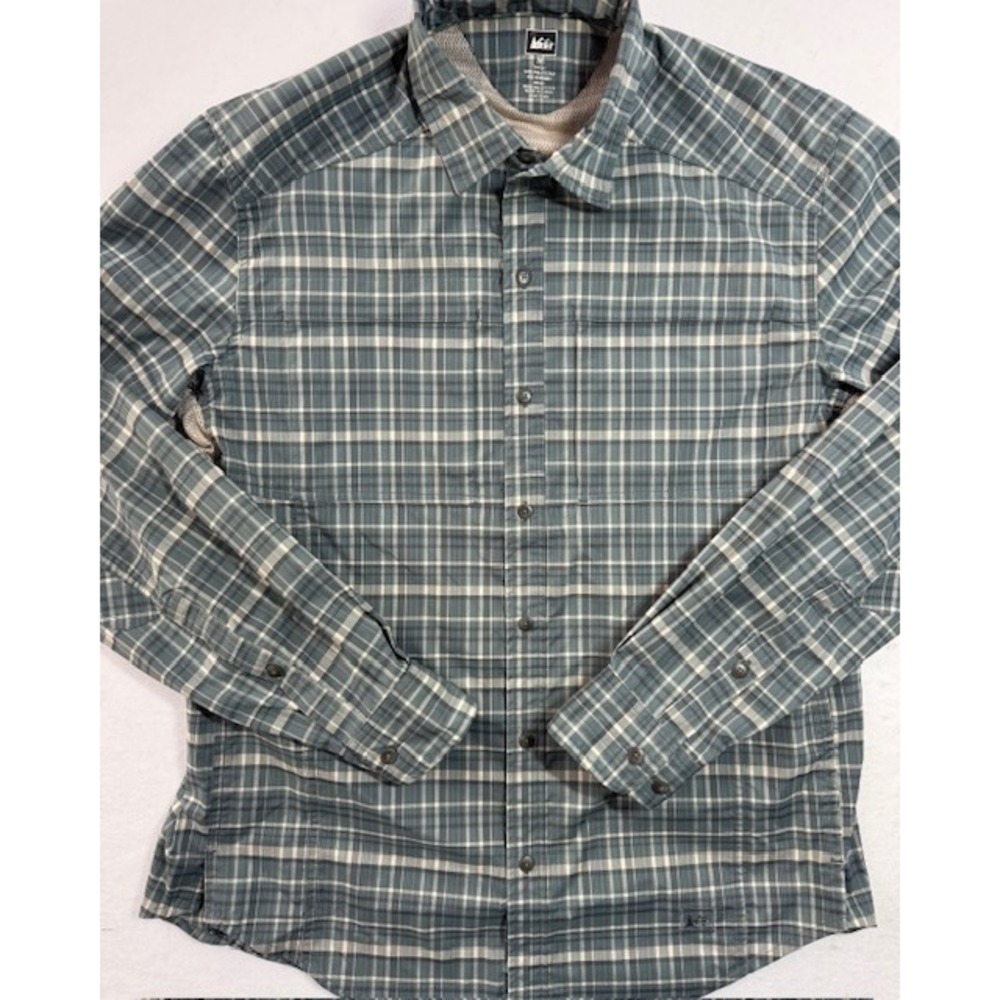 REI Shirt Mens MED Blue Green Plaid Button Up Vented Mesh Fishing Hiking Outdoor